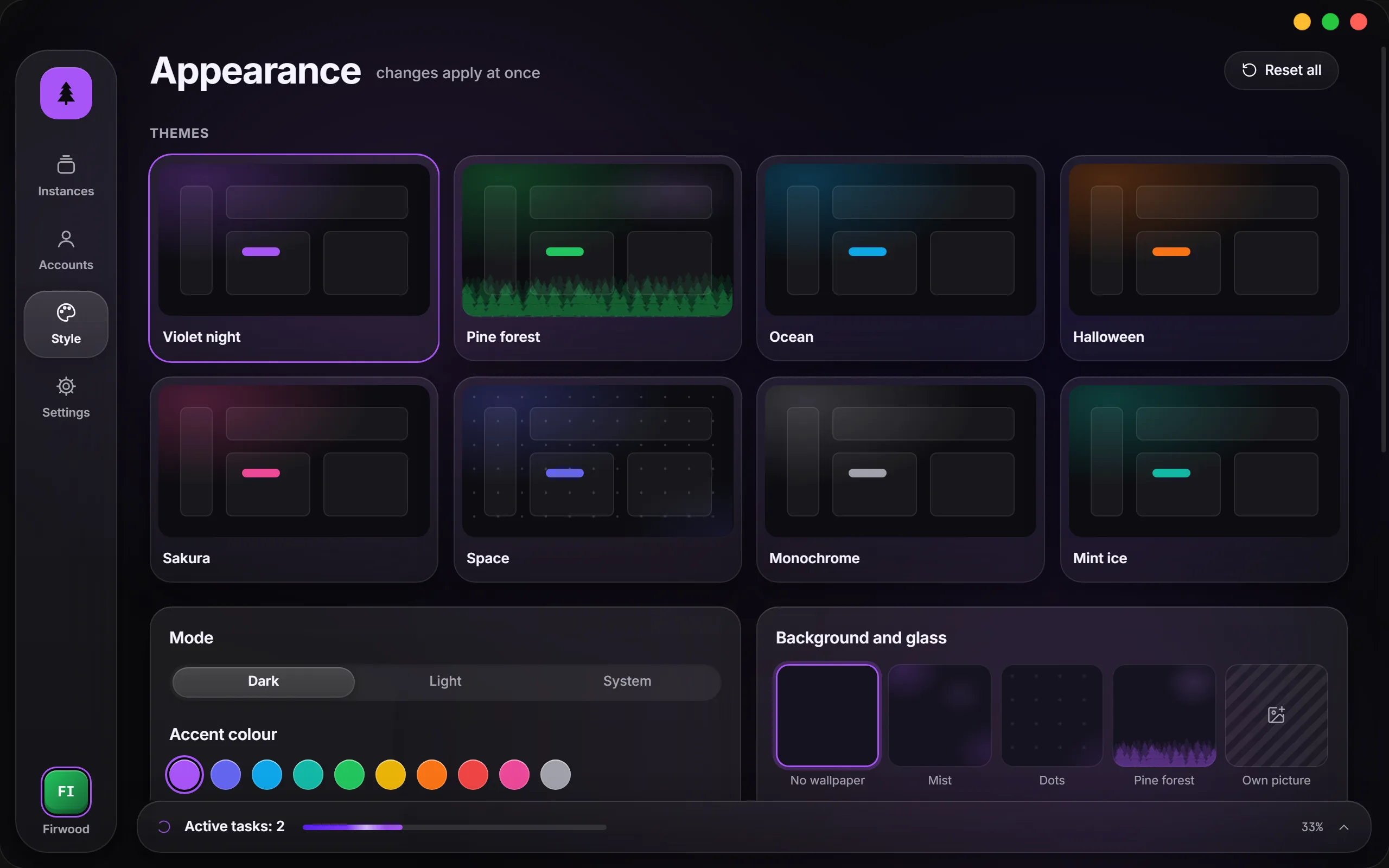 Appearance settings: themes, accent colour, wallpaper and mascot