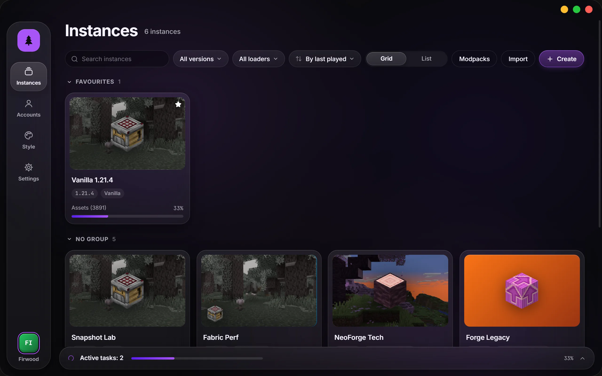 The FirLauncher window: instances with covers from the game, filters by version and loader