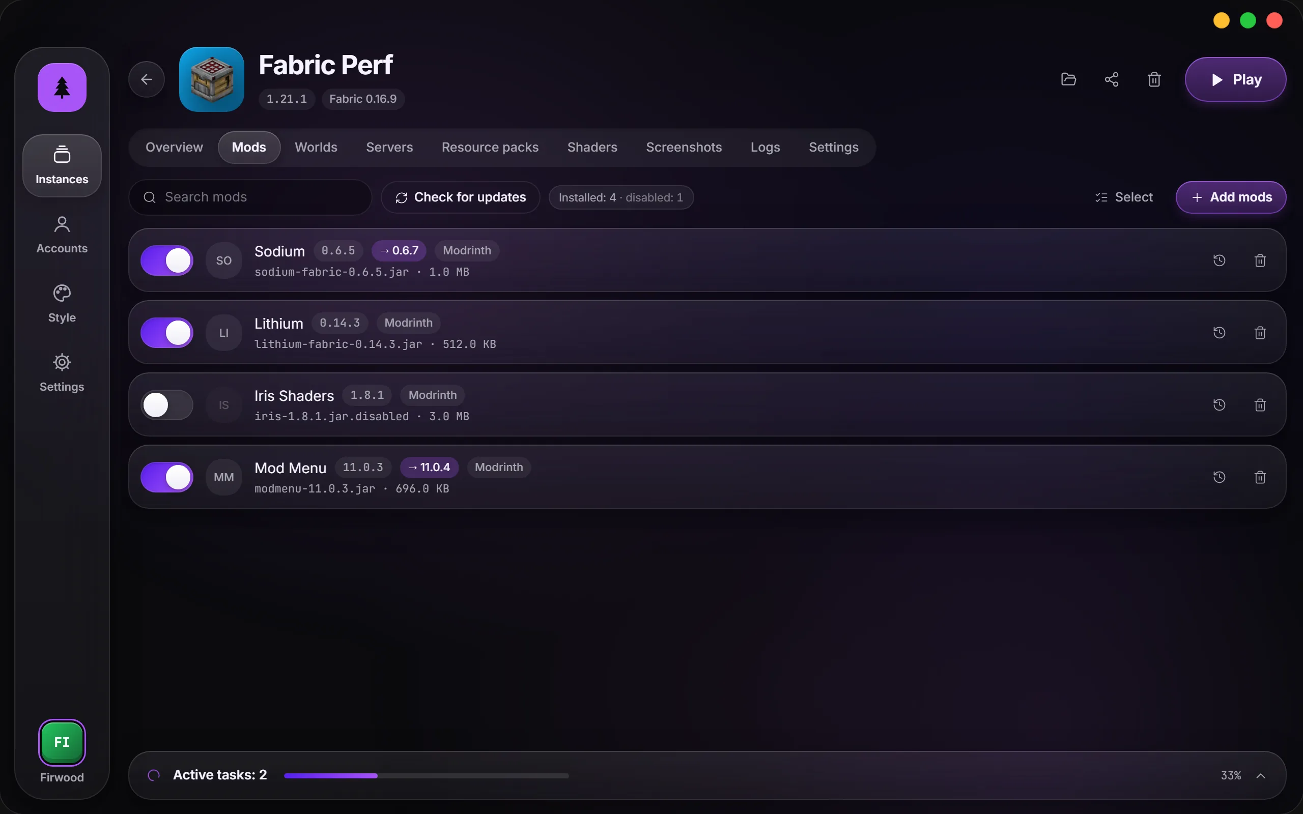 An instance's mods with updates available